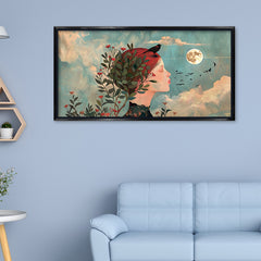 Premium Dreamy Woman Portrait Canvas Art | Full Moon and Birds Wall Decor