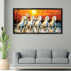 Premium 7 Running Horses at Sunrise Vastu Canvas Wall Painting with Floating Frame
