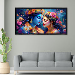 Celestial Radha Krishna: Cosmic Love & Floral Galaxy Art – Modern Spiritual Wall Decor
