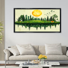 Premium Green Cityscape Reflection Canvas Art | Nature and Urban Blend Painting