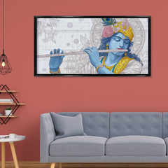 Lord Krishna Flute Player Canvas Art | Detailed Line Art Blue Bansuri Spiritual Print
