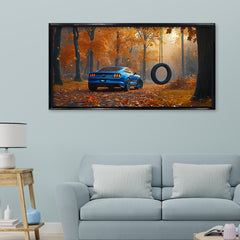 Premium Blue Sports Car Autumn Forest Canvas Painting - Nature & Car Wall Art for Living Room