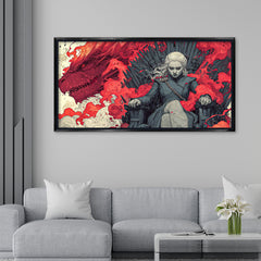 Dragon Queen on Iron Throne Fantasy Canvas Art | Dramatic Red Dragon Fire Pop Culture Print