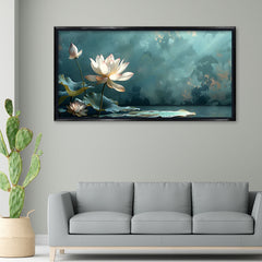 Premium Serene White Lotus Flower Canvas Art | Tranquil Pond Scene Painting