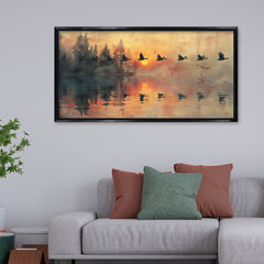 Premium Geese Flying at Sunset Canvas Art | Tranquil Lake Reflection Painting