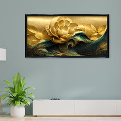 Premium Modern Golden Flower and Waves Canvas Wall Painting for Wall Decors