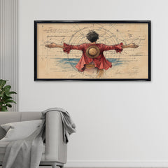 Straw Hat Pirate Epic Pose Wall Art | Vintage Chart Nautical Anime Illustration| Pirate Figure on Compass Chart Background