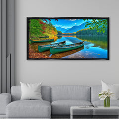 Peaceful Mountain Lake Landscape Wall Painting - Vibrant Teal Canoes & Autumn Forest Scenery