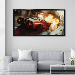Cinematic Red Sports Car Racing Canvas Painting - Action Wall Art for Home and Office Décor