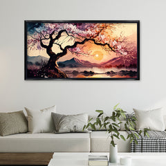 Premium Cherry Blossom Tree Sunset Canvas Art | Tranquil Asian Landscape Painting