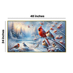 Crimson Birds on Frosted Branches Canvas Print Wall Painting