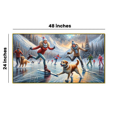 Frozen Lake Adventures: Couple and Dogs in a Winter Wonderland Lake Canvas Print Wall Painting