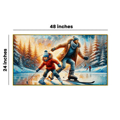 Ice Skates and Skis: Winter Fun, Father & Child on Frozen Lake Canvas Print Wall Painting