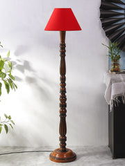 Red Cotton Conical Wooden Floor Lamp