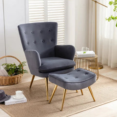 Tufted Long Back Grey Lounge Chair With Ottoman