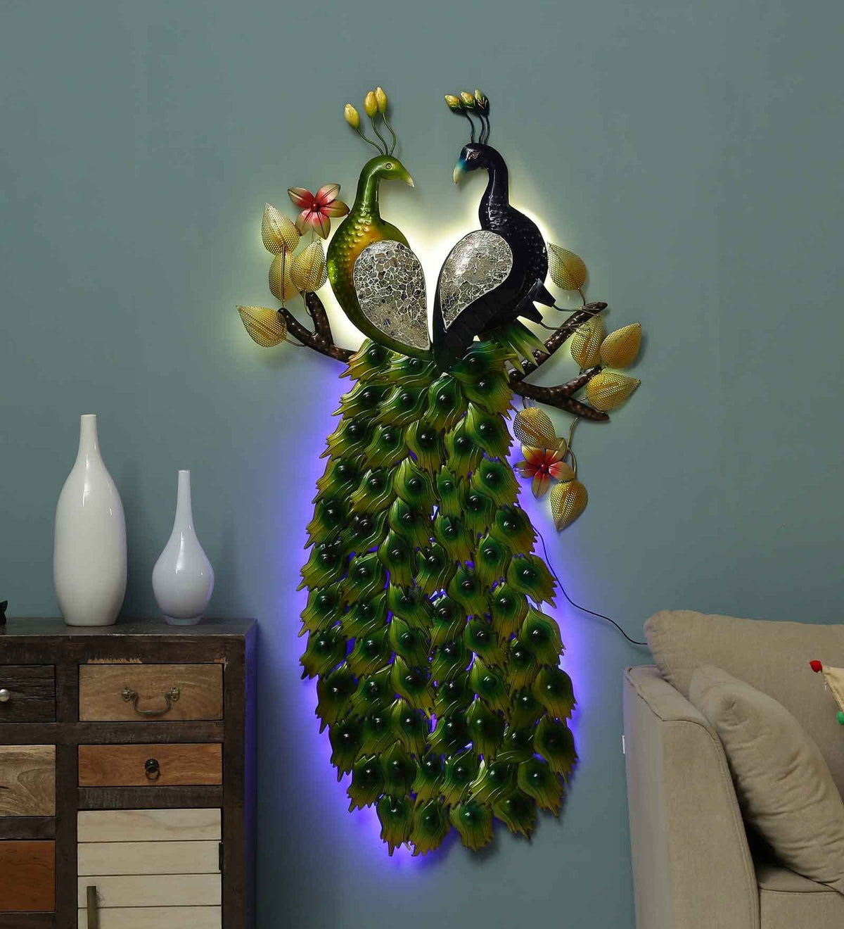 Metal Double Peacock Decorative Wall Art with LED Light