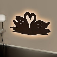 Loving Pair of Swan Backlit Wooden Wall Decor with LED Night Light Walnut Finish