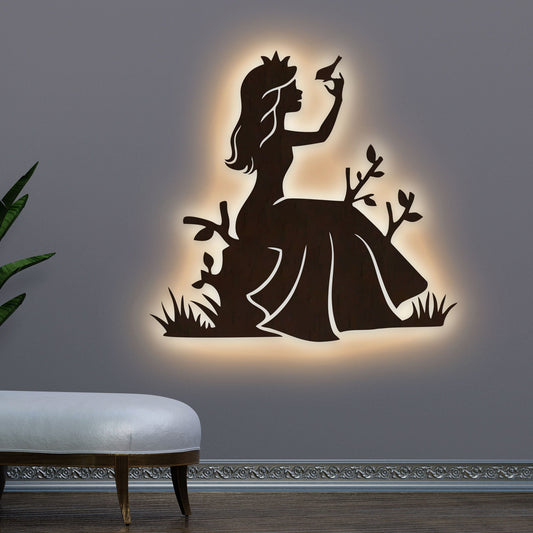 Fairytale Princess Backlit Wooden Wall Decor with LED Night Light Walnut Finish