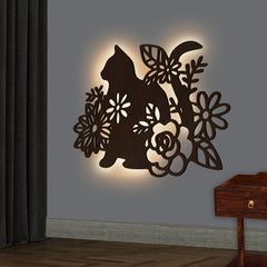 Cat with Flower Backlit Wooden Wall Decor with LED Night Light Walnut Finish
