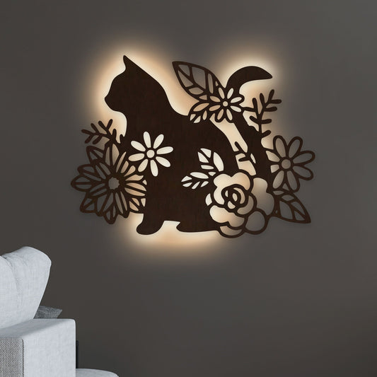 Cat with Flower Backlit Wooden Wall Decor with LED Night Light Walnut Finish