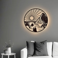 Beautiful Mountain and Rising Sun Scenery Backlit Wooden Wall Decor with LED Night Light Walnut Finish