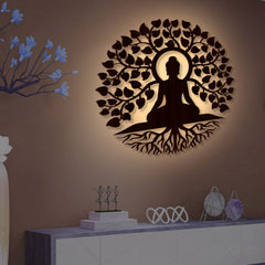 Meditating Lord Buddha Art Backlit Wooden Wall Hanging with LED Night Light Walnut Finish