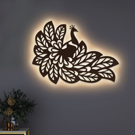 Beautiful Peacock Wings Designer Art Backlit Wooden Wall Decor with LED Night Light Walnut Finish