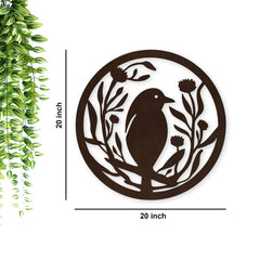 Beautiful Bird with Flower Round Backlit Wooden Wall Hanging with LED Night Light Walnut Finish