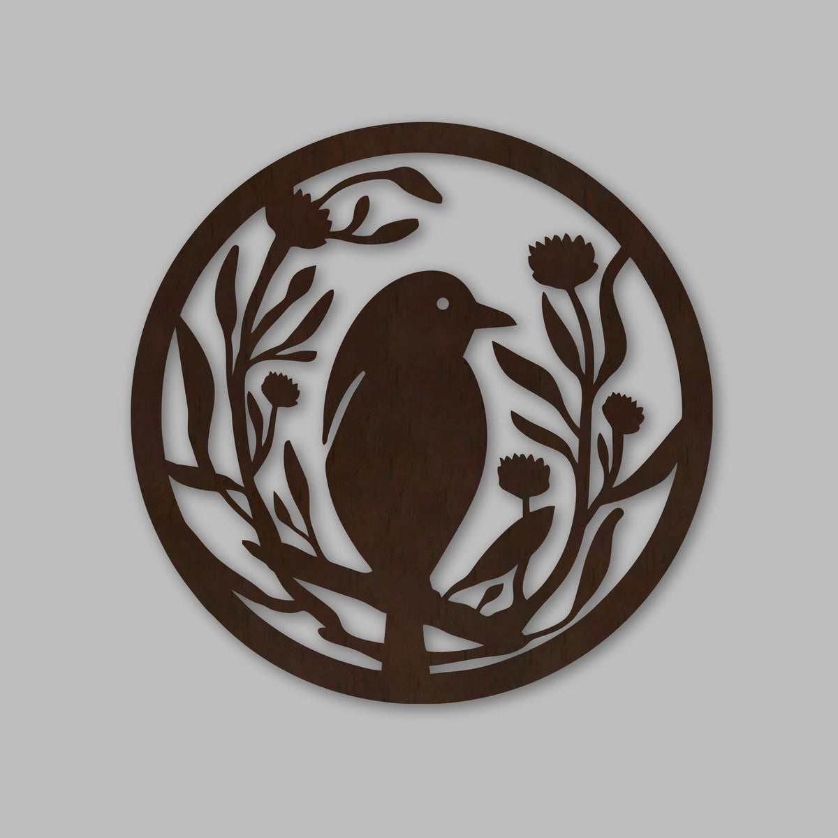 Beautiful Bird with Flower Round Backlit Wooden Wall Hanging with LED Night Light Walnut Finish