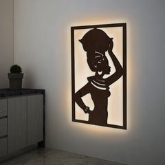 Beautiful African Women Backlit Wooden Wall Hanging with LED Night Light Walnut Finish