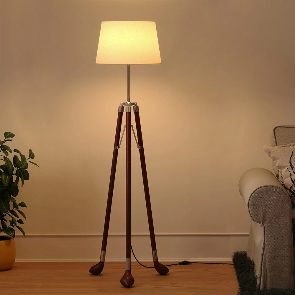 Golf Legs Tripod Floor Lamp Standing Wooden Brown Polished Silver with 12 Inches Jute Lampshade