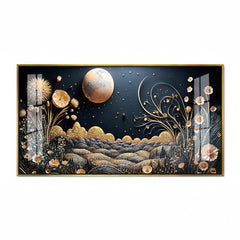 Gold Moon and Floral Night Landscape Acrylic Wall Art | Luxury Dark Background Painting
