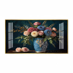 Elegant Floral Still Life Canvas Art | Romantic Bouquet in Blue Vase Wall Decor