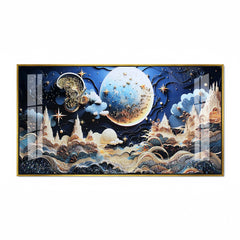 Luxury Fantasy Moonscape Acrylic Wall Art | Blue and Gold Cityscape Dream Painting