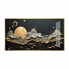 Abstract Gold and Grey Cloud Wall Decor, 3D Moon Canvas Painting,