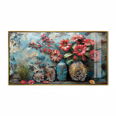 3D Textured Floral Acrylic Painting - Red Flowers in Rustic Vases Wall Painting