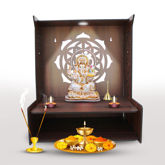 Beautiful Luxurious Wooden Temple for Home with Spacious Shelf & Inbuilt Focus Lights