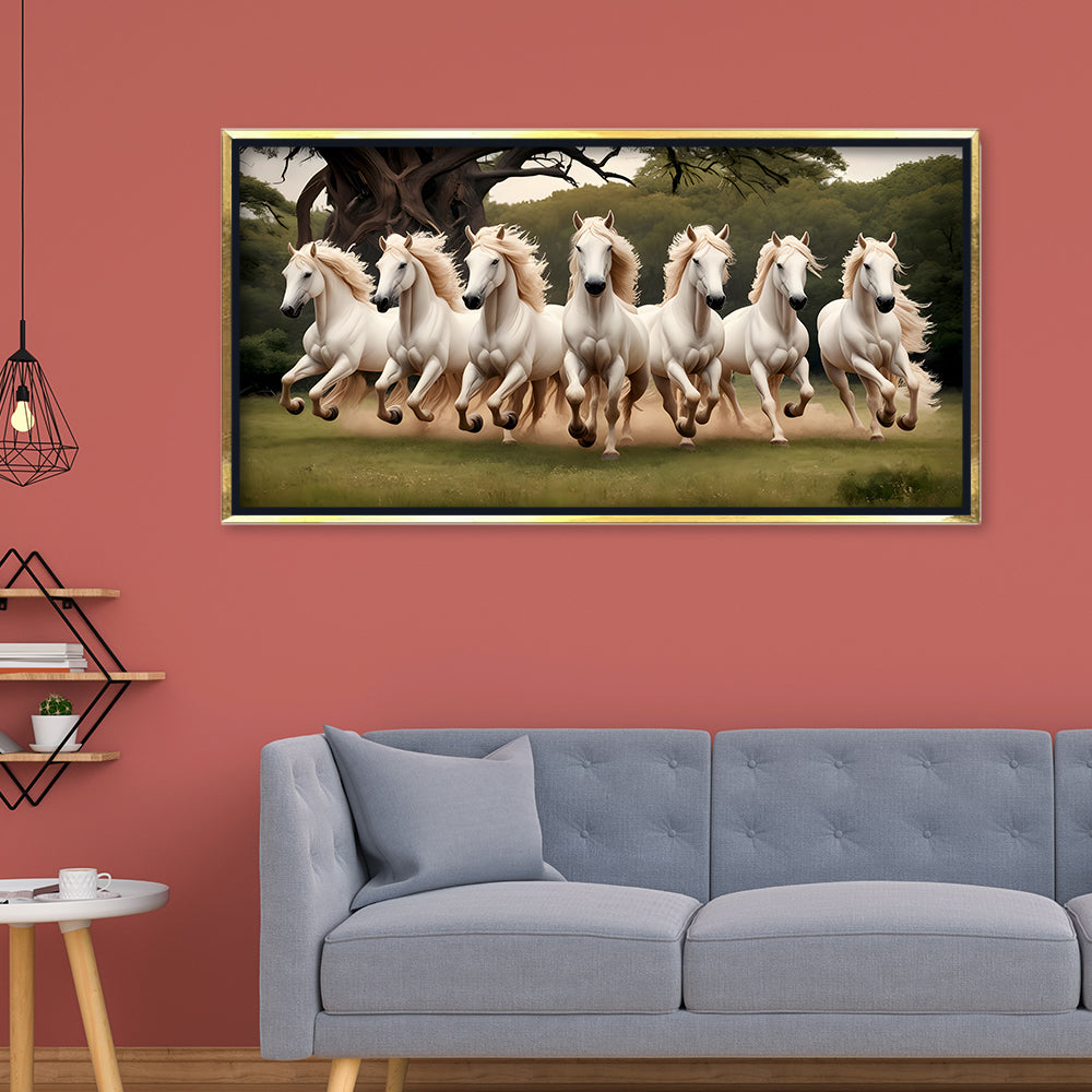 Premium 7 Running Horses Vastu Canvas Painting for Living Room