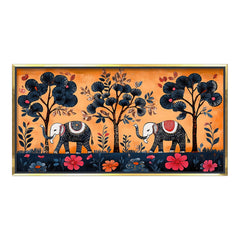 Premium Mithila Abstract Elephant & Floral Tree Canvas Print | Traditional Madhubani Style Wall Art