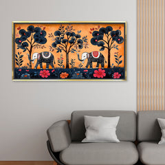 Premium Mithila Abstract Elephant & Floral Tree Canvas Print | Traditional Madhubani Style Wall Art