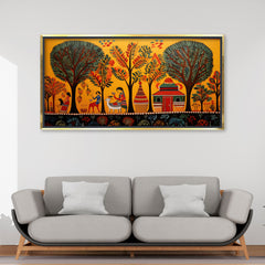 Premium Madhubani Village Life Wall Art | Traditional Mithila Folk Canvas Print for Home Decor