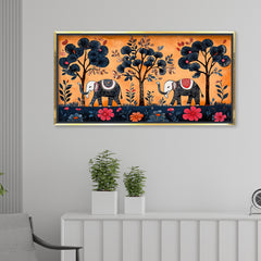 Premium Mithila Abstract Elephant & Floral Tree Canvas Print | Traditional Madhubani Style Wall Art