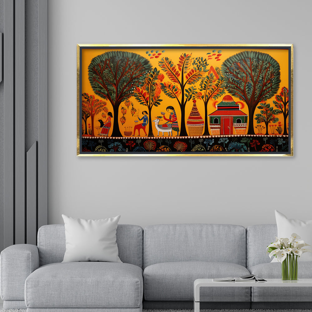 Premium Madhubani Village Life Wall Art | Traditional Mithila Folk Canvas Print for Home Decor