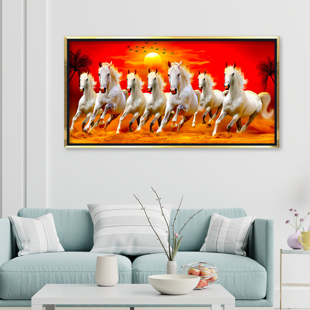 Premium Seven Running Horses at Sunrise Canvas Painting for Wall Decors