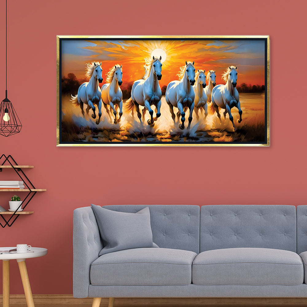 Premium Design Seven Running Horses With Sunrise Canvas Wall Paintings For Home Decors