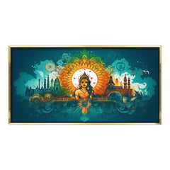 Premium Ornate Indian Goddess and Mandala Skyline Canvas | Vibrant Teal and Orange Cultural Art Print