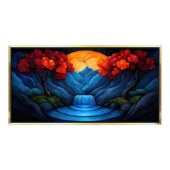 Crimson Tree & Indigo Mountain: High-Contrast Abstract Landscape – Premium Modern Wall Decor
