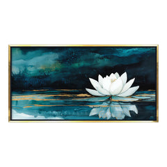 Premium White Lotus Flower Canvas Art | Deep Teal and Gold Abstract Painting