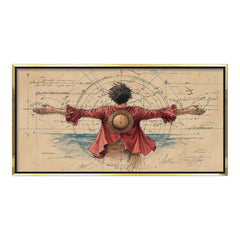 Straw Hat Pirate Epic Pose Wall Art | Vintage Chart Nautical Anime Illustration| Pirate Figure on Compass Chart Background