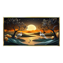 Golden Moonrise & Twin Cranes: High-Contrast Oriental Landscape – Premium Wall Decor